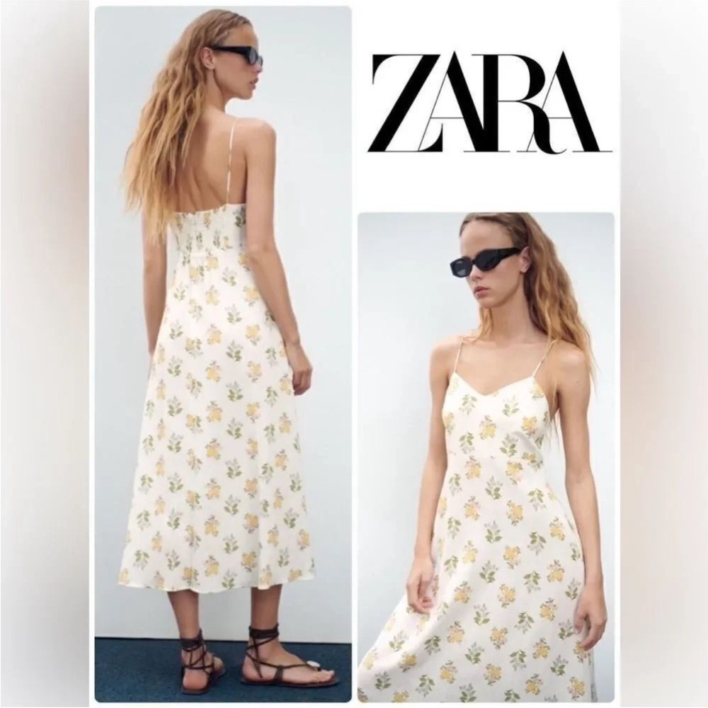 💐 ZARA linen viscose floral Ecru midi spring summer cream yellow pink green
